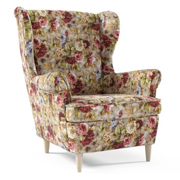 Skandinavischer Retro-Sessel Coral WM 25 floralem Stoff Holzfüße für die Fütterung