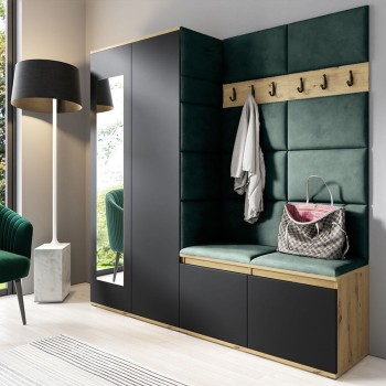 Garderobe mit Spiegel CLEO artisan schwarz + grüne Paneele Trinity 28