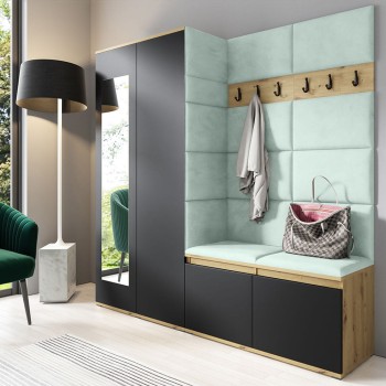 Kleiderschrank mit Spiegel CLEO artisan schwarz mit Paneelen aus Stoff Trinity 21 mint