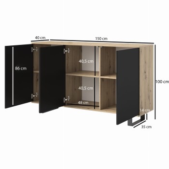 Masimo 150 cm handwerklich/schwarz 3-türige Kommode Metallbeine
