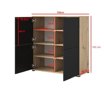 Masimo 100 cm 4-türige Kommode mit schwarzer Front/Artisan Eiche auf niedrigen Beinen