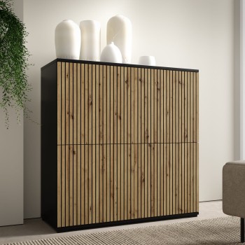 Panama 4D Kommode gefräste Fronten Eiche artisan/schwarze niedrige Beine