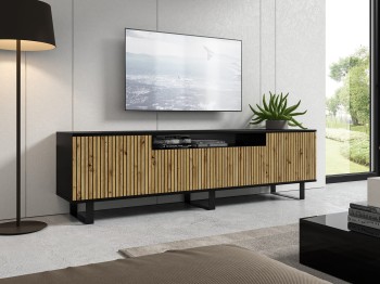 Panama RTV Schrank 200cm gefräste Fronten Eiche artisan/schwarze Beine schwarzes Metall