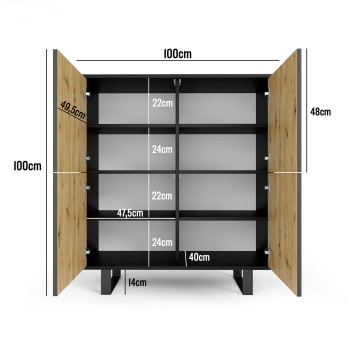 Panama 4D Kommode gefräste Fronten Eiche artisan/schwarz Rahmen Beine schwarz