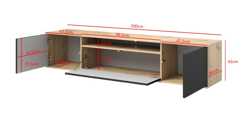 Komoda TV Agnes czarna artisan wisząca otwarta wymiary.jpg