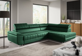 Benet Schlafsofa mit Naht L-Form Cabrio mit Staukasten - dunkelgrün Kronos 19