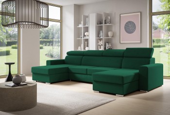 U-förmiges glattes Ecksofa NELA mit Bettzeugcontainern - Kronos 19 flaschengrün