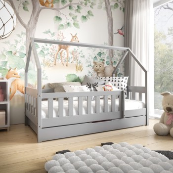Mila Holzhaus Kinderbett 80x190 mit Matratze und Schublade - in grau