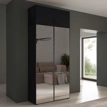 Eris Kleiderschrank 100 cm mit zwei Spiegeln – Schwarz mit zusätzlichem Aufsatzschrank