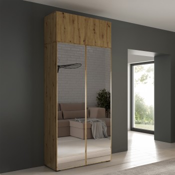 Geräumiger Eris Kleiderschrank 100 cm mit Spiegelfronten und Aufsatzschrank – Eiche Artisan