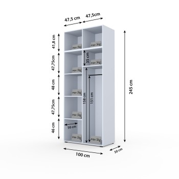 Eris Kleiderschrank 100 cm mit Spiegel und Aufsatzschrank – Weiß für zusätzlichen Stauraum