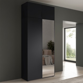 Eris Kleiderschrank Schwarz 100 cm mit Spiegeltür und Aufsatzschrank