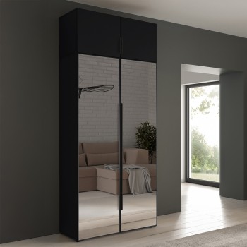 Eris Kleiderschrank 100 cm mit zwei Spiegeln, schwarzen Metallgriffen und Aufsatzschrank Schwarz