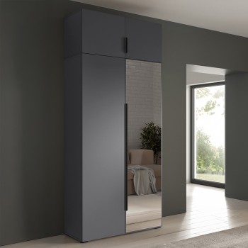 Moderner Eris Kleiderschrank 100 cm mit Spiegel, Aufsatzschrank und Metallgriffen – Anthrazit