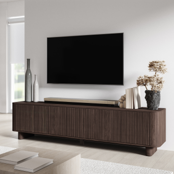 TV-Lowboard Misterio Premium 220 cm Nussbaum Lincoln geräumig Lamellenfronten abgerundete Seiten stehend