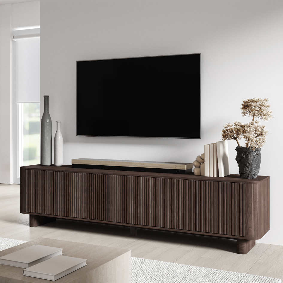 RTV Misterio Premium 220 cm Orzech Lincoln pojemna komoda ryflowana zaokrąglone boki stojąca