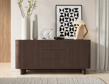 Kommode Misterio Premium 2 Türen 3 Schubladen 150 cm modernes Design mit Lamellenfronten Nussbaum Lincol