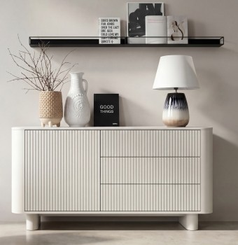 Kommode Misterio Premium 1 Tür 3 Schubladen 120 cm Cashmere mit gefrästen Lamellenfronten