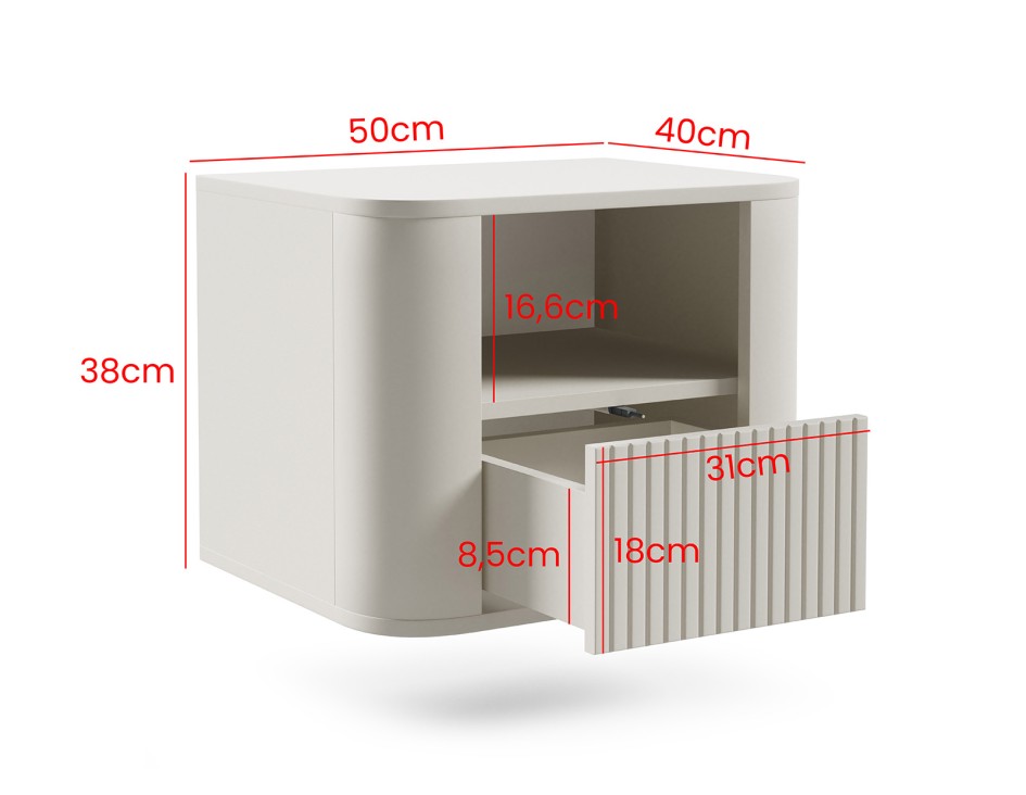 Stolik nocny Misterio Premium 50 cm Cashmere frezowany z szufladą wiszący