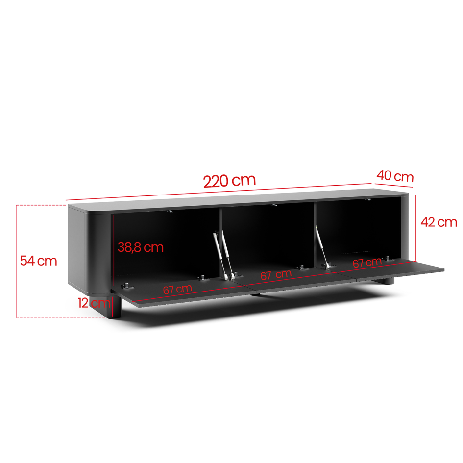 Szafka RTV Misterio 220 cm minimalistyczny design i zaokrąglone boki Czarna