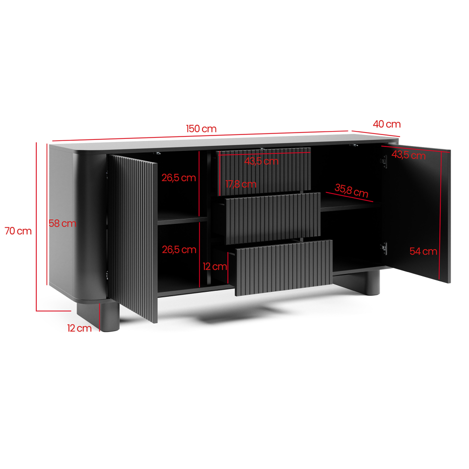Komoda Misterio Premium 2D3S 150 cm frez zaokrąglone boki Czarna