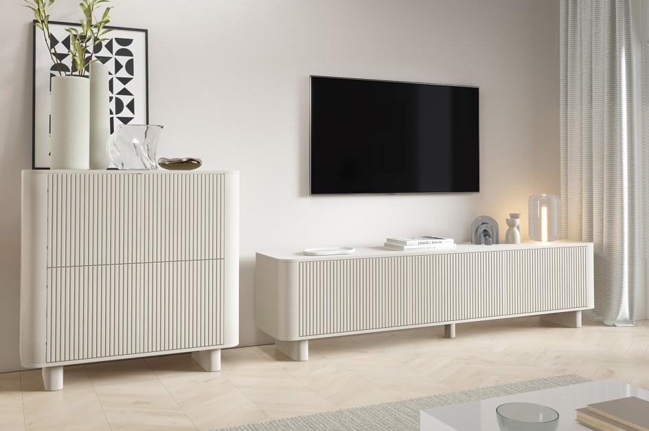 Nowoczesny Zestaw Mebli Misterio Premium RTV 180 Komoda 4D Cashmere