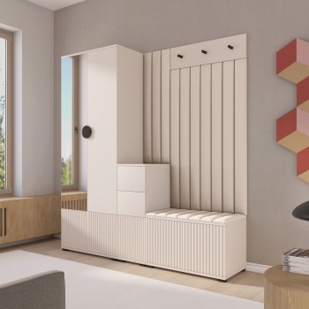 Gefräste Garderobe Ritmo Version 7 mit Kommode, Schuhschrank und gepolsterten Wandpaneelen Trinity 02