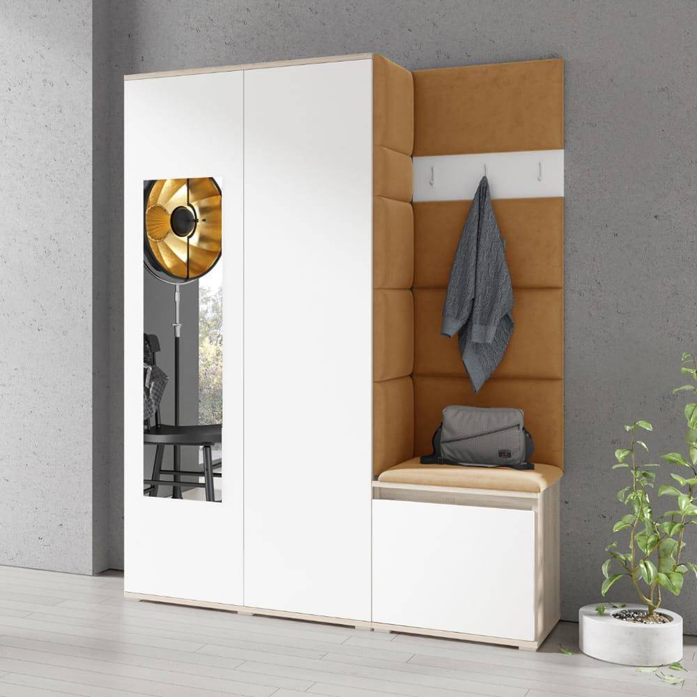 Kleiderschrank Minosa mit Spiegel Polsterplatten Schuhschrank Velutto 08  Weiß Velutto 08 | Garderobe-Sets |