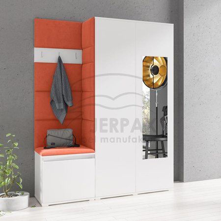 Kleiderschrank Minosa Weiß mit Spiegel Polsterplatten Schuhschrank Trinity 17 