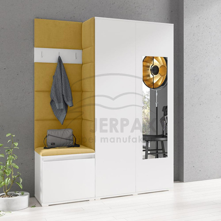 Kleiderschrank Minosa Weiß mit Spiegel Polsterplatten Schuhschrank Trinity 18 