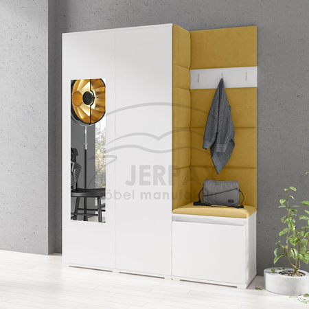 Kleiderschrank Minosa Weiß mit Spiegel Polsterplatten Schuhschrank Trinity 18 